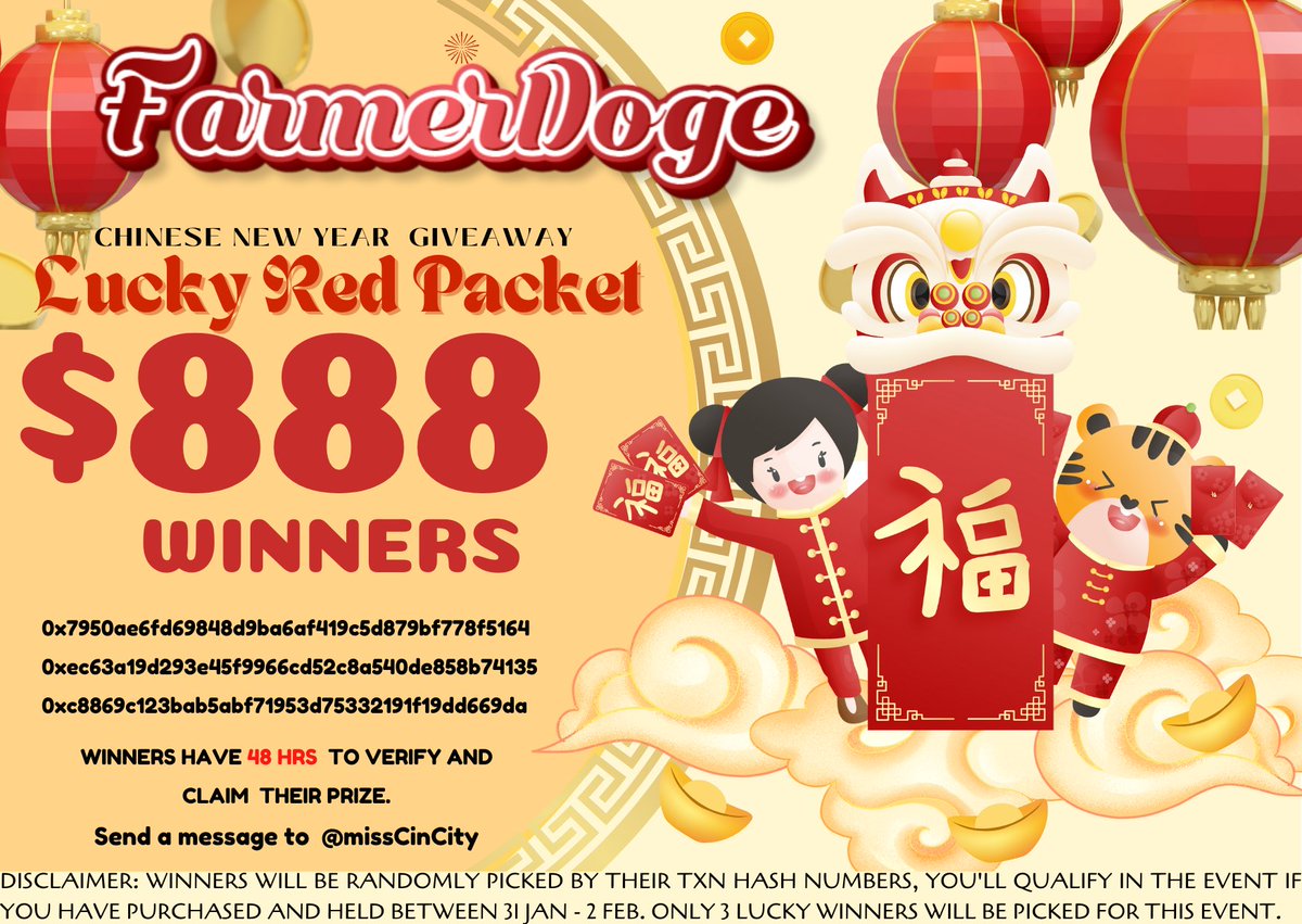 FarmerDogeInc's tweet image. Congratulations to the three lucky winners! 🐯🏮🧨🔥

How the winners were picked: 
youtube.com/watch?v=vsPV1K…

For verification and to claim your prize, please DM @missCinCity_OG on Twitter (Telegram: @missCinCity)