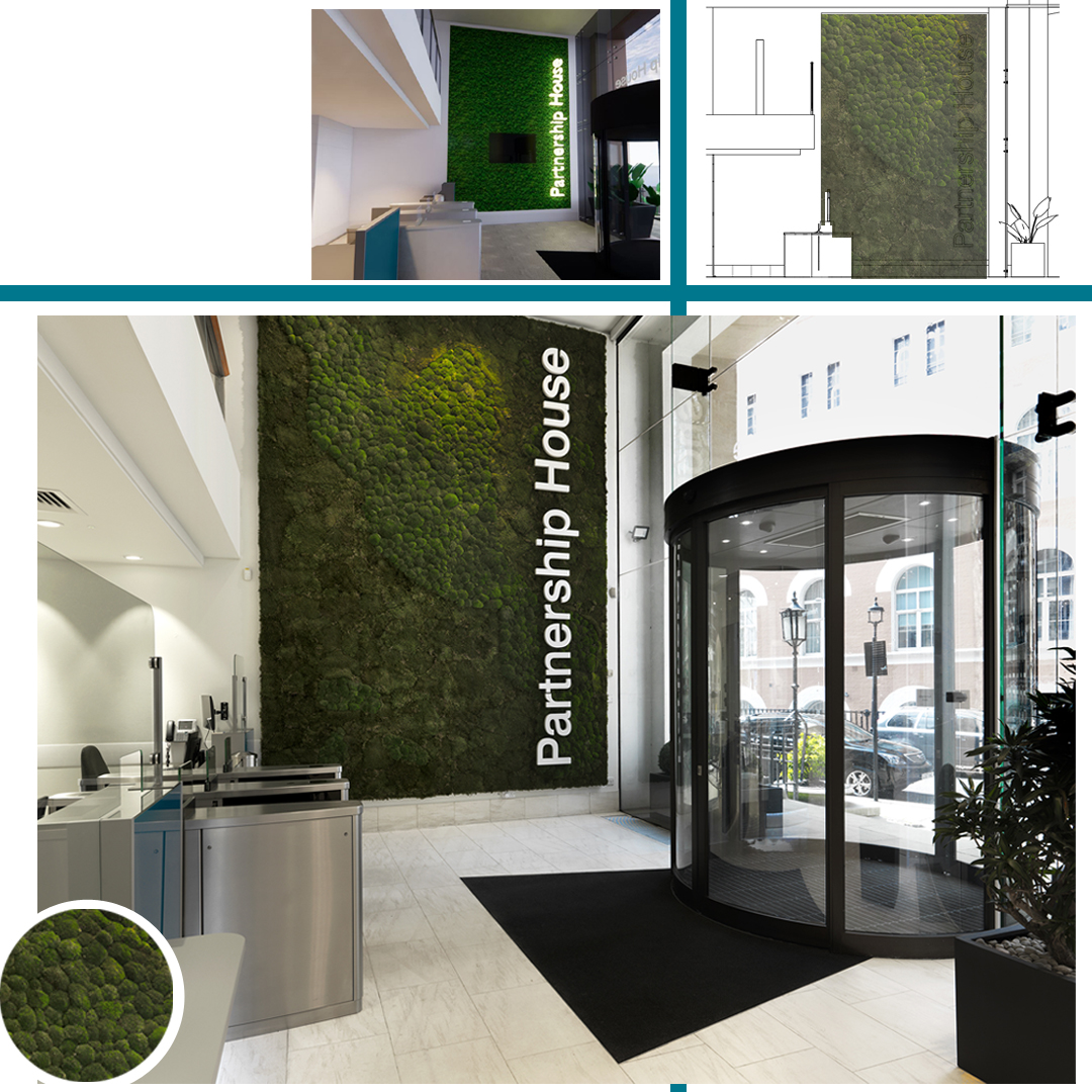 The double height moss wall looks stunning, beautifully installed by <a href="/PlanteriaGroup/">Planteria</a>. Using Revit we were able to visualise the area before we went to site, can you spot which image is the Revit model? #revit #enscape