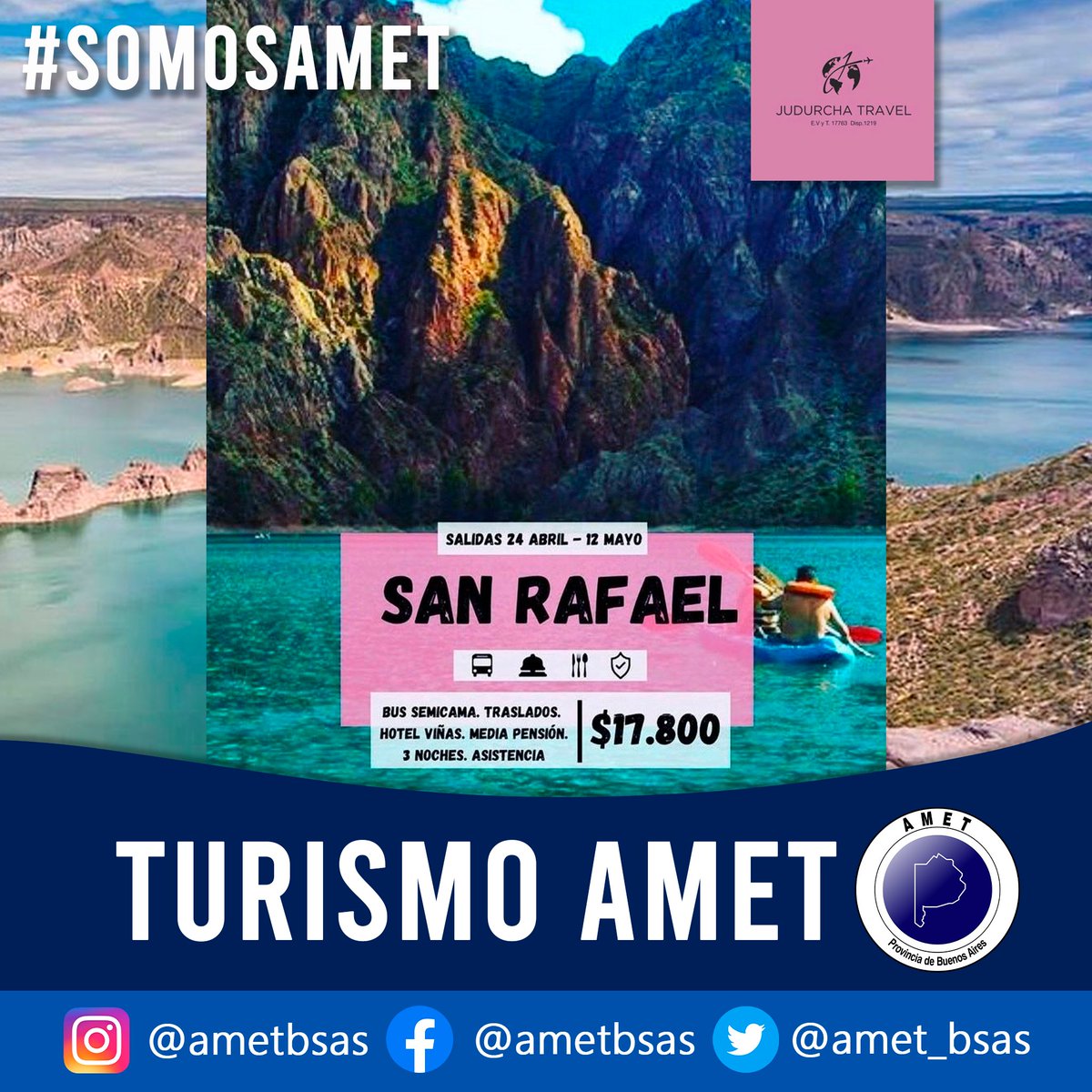 AMET_BSAS's tweet photo. Tus #vacaciones , de la mano de AMET 🧉🏖️

Judurcha Travel ofrece nuevos paquetes de viaje con un 5% de descuento para afiliad@s.

📲Contactalos Miercoles y Viernes de 9 a 12 al 
2223 415577

#SomosAMET https://t.co/rOae0LSfwL