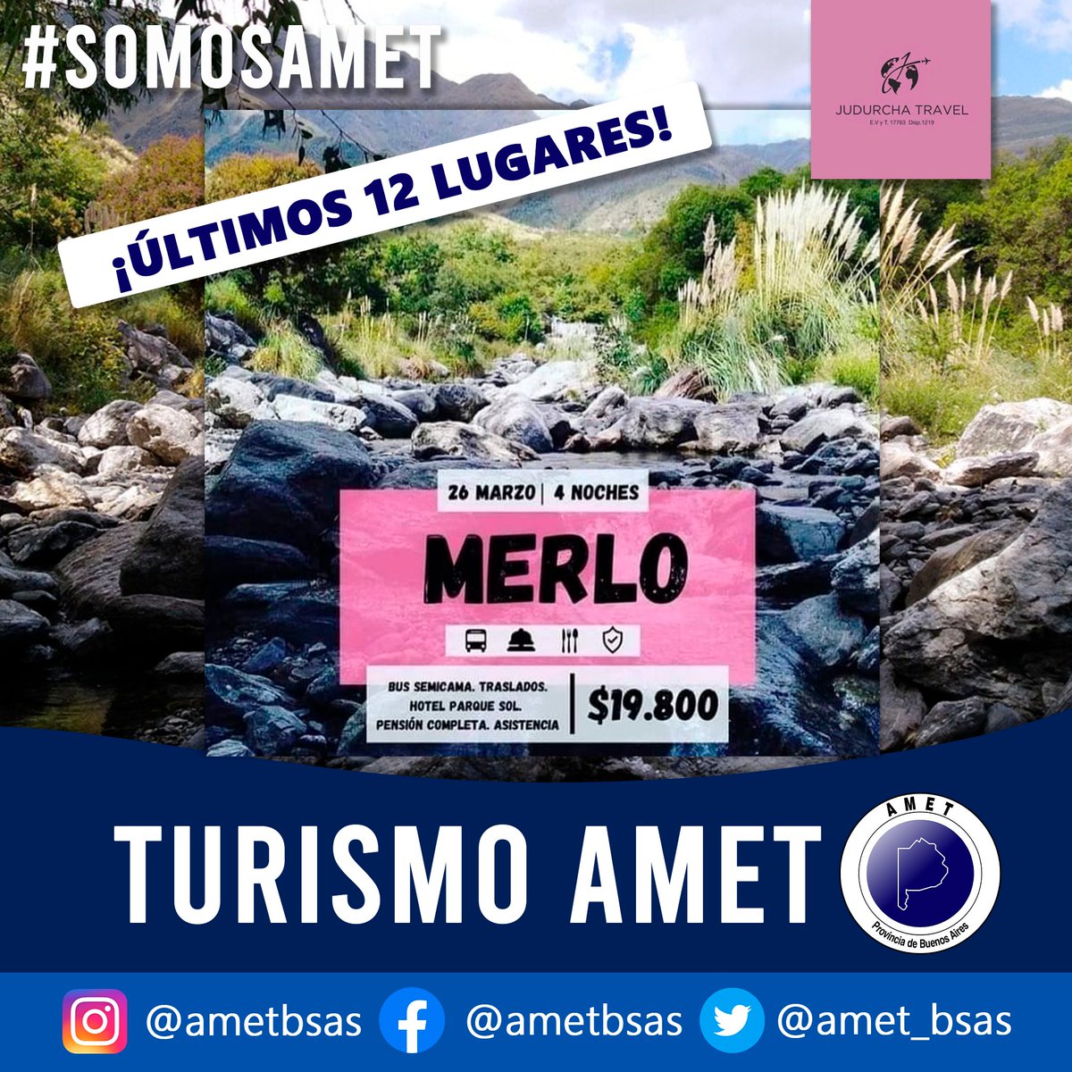 AMET_BSAS's tweet photo. Tus #vacaciones , de la mano de AMET 🧉🏖️

Judurcha Travel ofrece nuevos paquetes de viaje con un 5% de descuento para afiliad@s.

📲Contactalos Miercoles y Viernes de 9 a 12 al 
2223 415577

#SomosAMET https://t.co/rOae0LSfwL