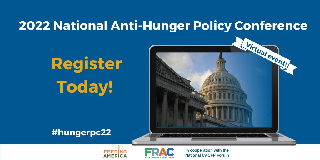 Looking for new tools to tackle hunger? The virtual 2022 National Anti-Hunger Policy Conference will provide content-rich workshops. Preview the workshop list &amp; register today! Join <a href="/fractweets/">Food Research & Action Center</a>, <a href="/hunger/">Feeding America Action</a>, &amp; <a href="/CACFPForum/">National CACFP Forum</a> March 15-17: bit.ly/3r7d0GP #hungerpc22