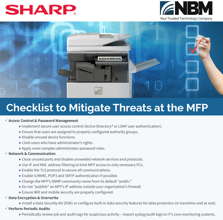 Today’s headlines are filled with news of #Cyberattacks, designed to leverage any vulnerability, whether they be human or technical.  Check out this checklist that is designed to help achieve optimum security around your Sharp MFP.

#NBMInc #PrintSecurity #MultifunctionPrinters https://t.co/lfq5FPui73