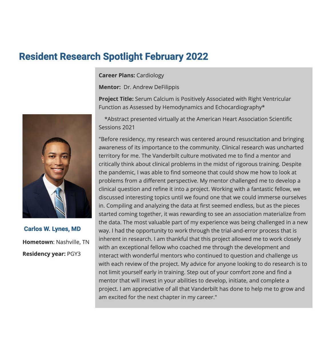 Look who’s in the #ResidentResearch Spotlight! Congratulations to ⁦@CarlosLynesMD⁩ for his excellent work! ⁦@VUMCMedicineRes⁩ ⁦@VUMCResearch⁩ ⁦@VUMC_Medicine⁩ #whyVUMC