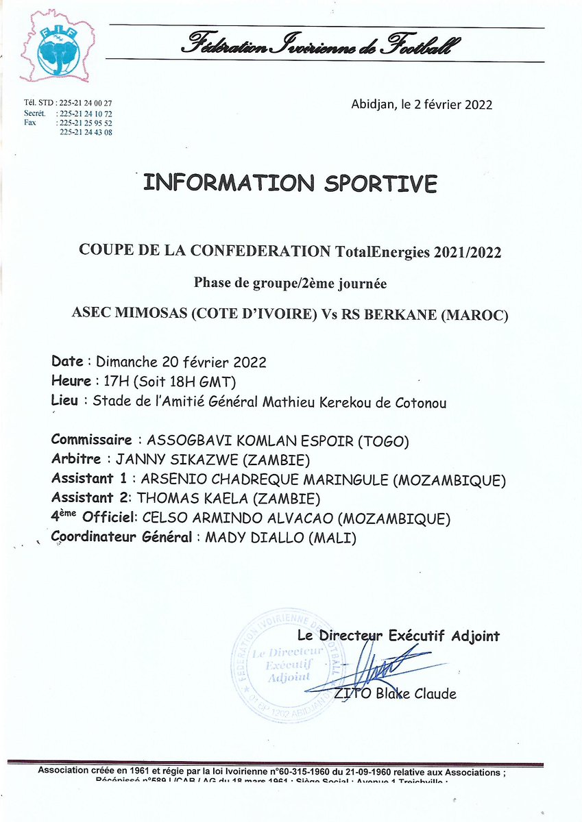 CC 2021/2022 (Phase De Groupe): L'Asec Mimosas Débute Face Au Simba De La Tanzanie puis l'équipe marocaine de Berkane à Cotonou, le dimanche 20 février 2022 fifciv.com/?q=cc-20212022…