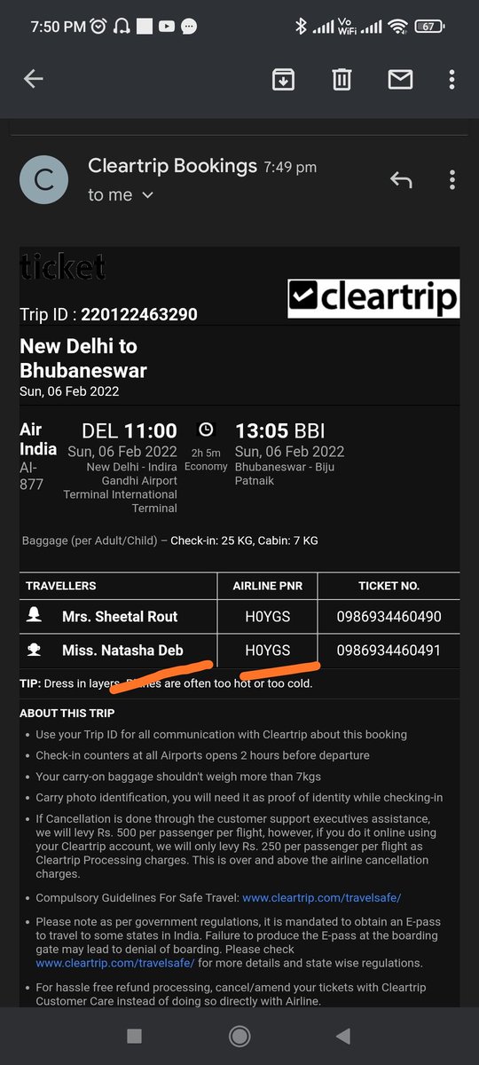 sheetalrout's tweet photo. @Cleartrip Please see the attached screenshot of the Middle Name missing in Cleartrip and the tickets. Please respond ASAP. https://t.co/sWauIRgq9E