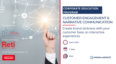 LaStatale's tweet photo. 🆕 Sono aperte le iscrizioni al primo corso in Italia in "Customer engagement &amp; narrative communication" organizzato dalla #SchoolofManagement de @LaStatale con #RetiSpa competenze innovative per nel marketing e nella comunicazione. Scopri di più 👉 https://t.co/vxarttmYDl https://t.co/27BPx06s3W