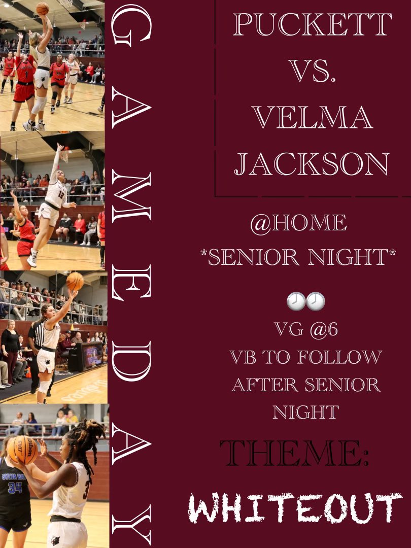 iCoachMoncrief's tweet photo. ITS GAME DAY!!! The Puckett Lady Wolves are back in action tonight at home vs. Velma Jackson at 6:00!! It’s SENIOR NIGHT AND A WHITEOUT!! Come on out and support your Lady Wolves!! You don’t want to miss it!!! #CompleteTheAssignment #prideinourteam #212degrees #focus32 https://t.co/5n7oTfNAA7