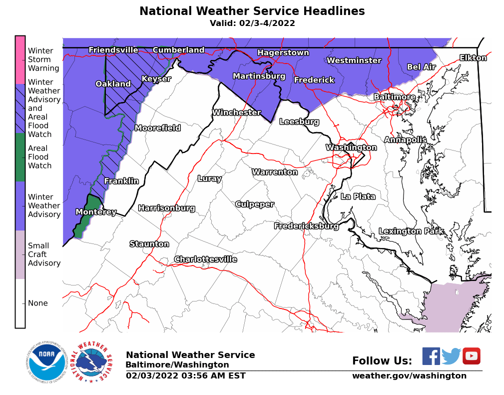 BaltCoEmergency's tweet photo. [2/4 at 9:20A]: @NWS_BaltWash has issued a Winter Weather Advisory from 8A - 4P for freezing rain accumulations up to 0.1 of an inch.

Rain is staying liquid now, but later today temps will get colder and ice could accumulate on overpasses, bridges, and objects. Drive carefully! https://t.co/a4lMjcxTYD