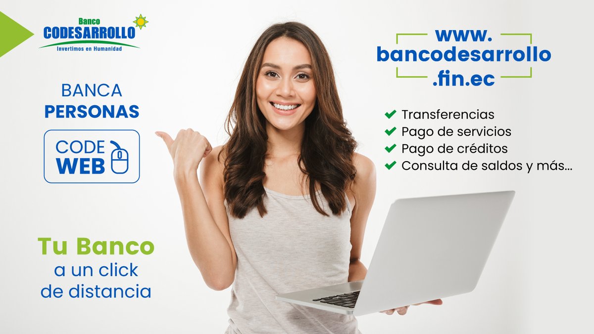 BanCodesarrollo's tweet image. 💻 Banca Personas #CodeWeb  
👉codeweb.bancodesarrollo.fin.ec/Personas/#/log… 
👍 Tu Banco a un click de distancia.
#BancoCodesarrollo #TuBancoMñasCercaDeTi #InvertimosenHumanidad