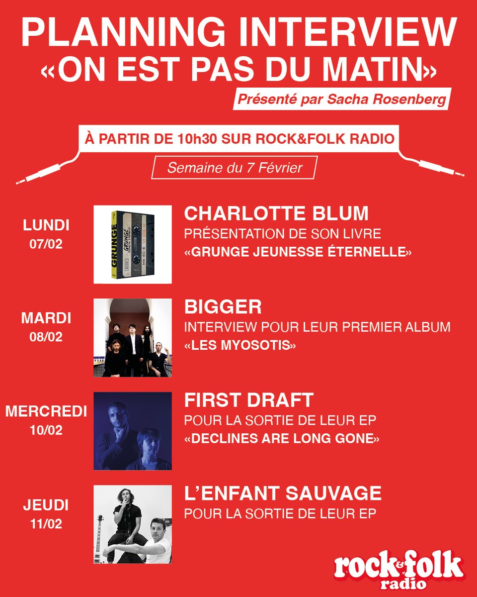 #RADIO 🎙

Cette semaine <a href="/sacharosenberg/">Sacha Rosenberg</a> reçoit @Charlotte_Blum / <a href="/Bigger_music/">BIGGER</a> / First Draft / L'enfant Sauvage dans son émission #OnEstPasDuMatin à partir de 10h30 sur Rock&amp;Folk Radio 🔥
