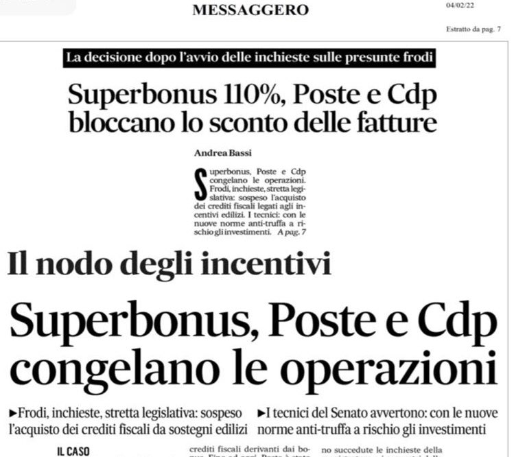 riccardo_fra's tweet image. Prime conseguenze delle modifiche introdotte dal #DLAntifrodi e dal #DLSostegni: Poste e CDP chiudono il portale per la cessione dei crediti di imposta mettendo in ginocchio aziende e professionisti. Inaccettabile il modo di procedere del Governo.
bit.ly/3J697Jg