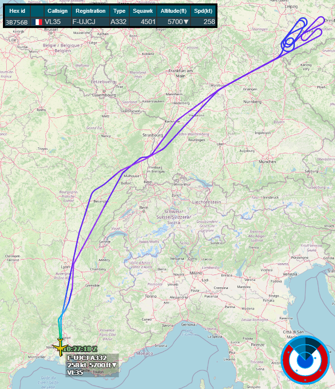 FrenchTrackers's tweet photo. 🇫🇷/🇩🇪 Refueling mission over Germany ?
Very strange patterns over germany the 3th february 
~36 minutes on station = 3 hours and a half mission
✈️#VL35 | A330-200MRTT | MSN1942 | N°044 | F-UJCJ | 31e EARTS | 1/31 Bretagne https://t.co/7yPs4BOYGg