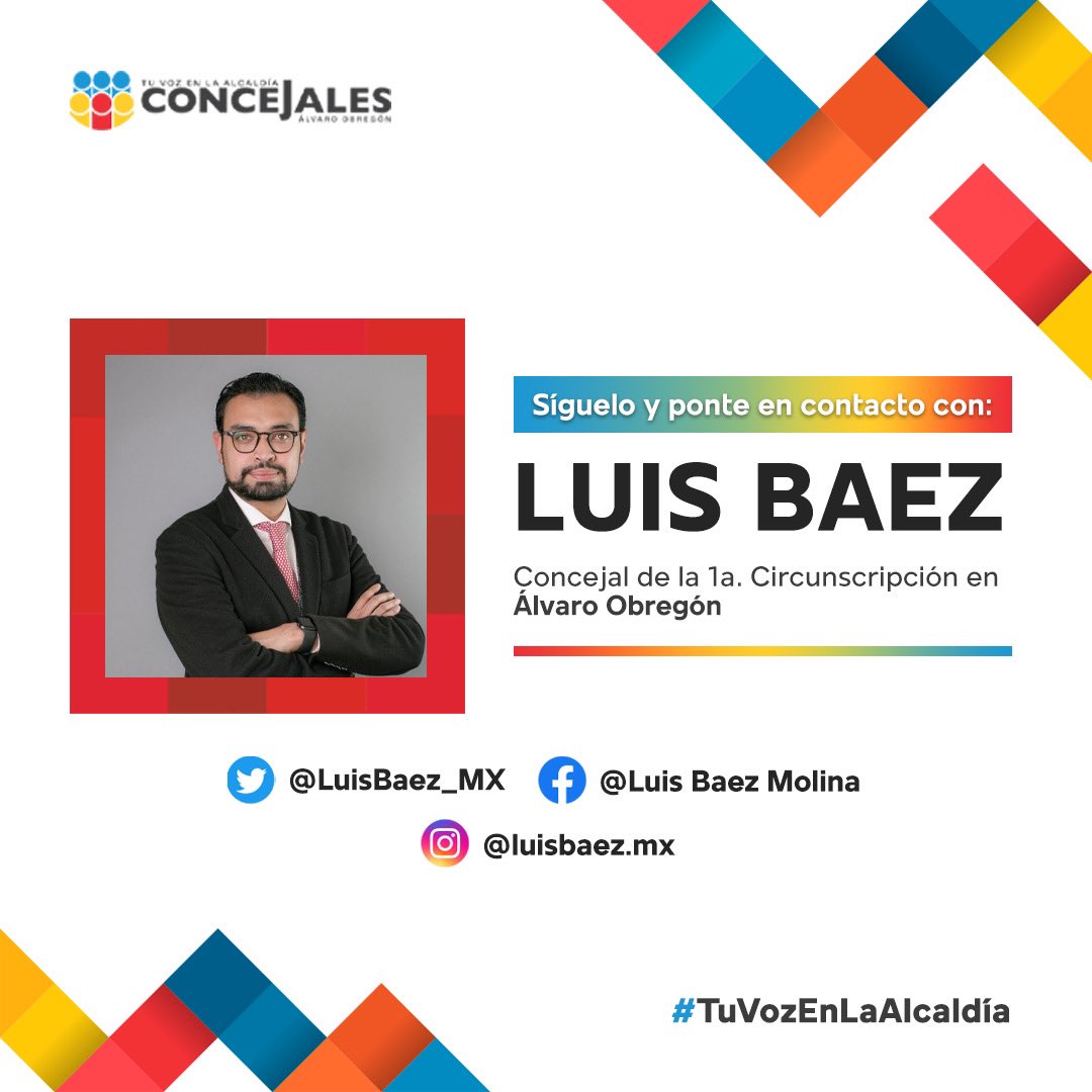 ¡Estemos en comunicación constante! Sigue a nuestro Concejal <a href="/LuisBaez_MX/">Luis Baez</a> en sus redes sociales:

🔵 x.com/LuisBaez_MX
🟡 facebook.com/LuisBaezMolina
🔴 instagram.com/luisbaez.mx/ 

#TuVozEnLaAlcaldía