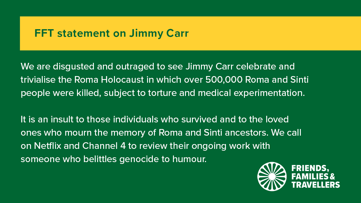The murder of 500,000 Roma and Sinti people is no laughing matter <a href="/jimmycarr/">Jimmy Carr</a>. 

We are outraged and deeply distressed to see Jimmy Carr joking about the Roma Holocaust on <a href="/netflix/">Netflix</a>. (1/2)