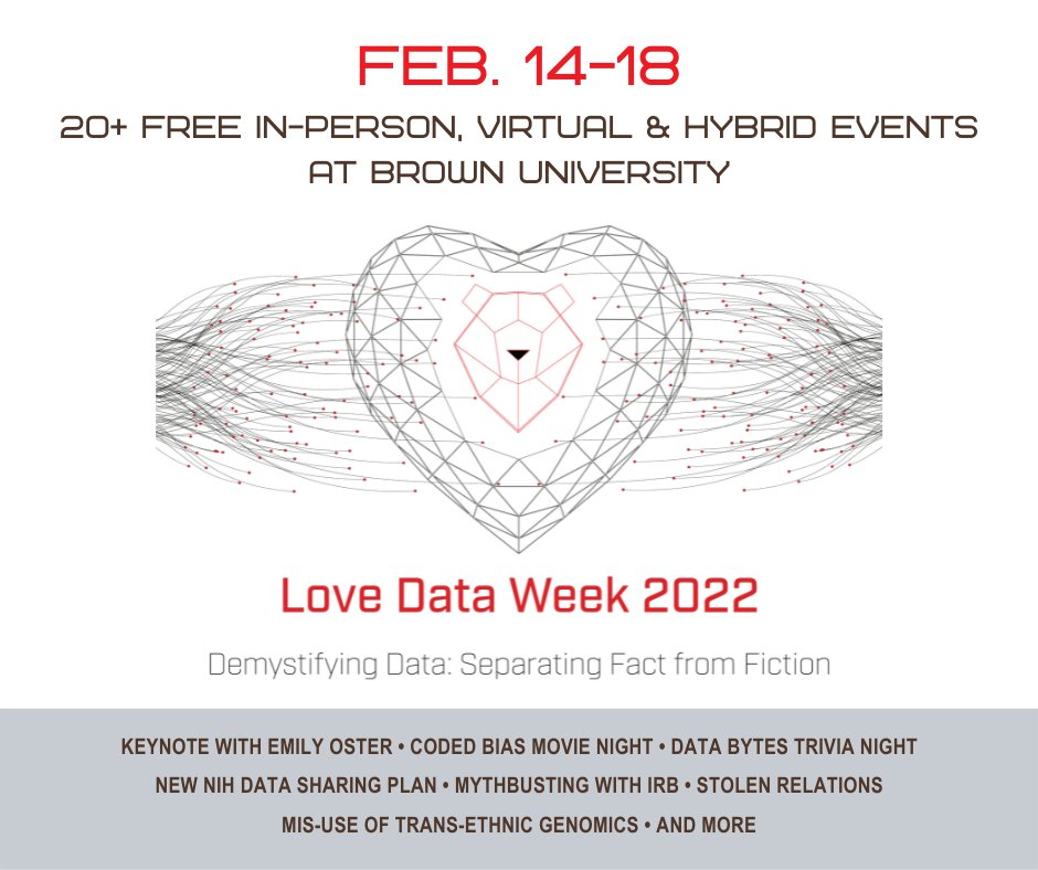 Brown's Love Data Week will be taking place from February 14-18, 2022! This year's theme is Demystifying Data: Separating Fact from Fiction with the social media hashtag #LoveData22. Check out the full list of remote, hybrid, and in-person events here!