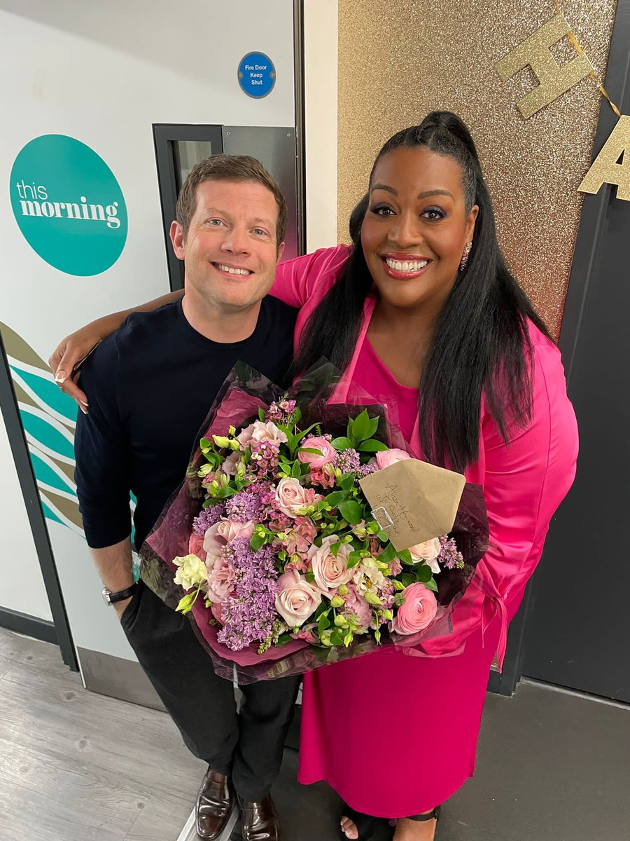 AlisonHammond's tweet photo. Had a lovely day today at @thismorning Thanks to the team for making it so special on my birthday weekend and thanks for all your well wishes and lovely comments . You really are truly lovely . thanks @radioleary for the flowers , they are stunning  💕💕💕 https://t.co/VGKkxPO6xb
