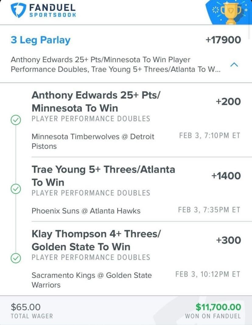 FanDuelSports's tweet photo. A BEAUTIFUL 3-leg PPD parlay to turn $65 into $11,700 💰

(via IG / craigstile203) https://t.co/s8JCfjIL9q