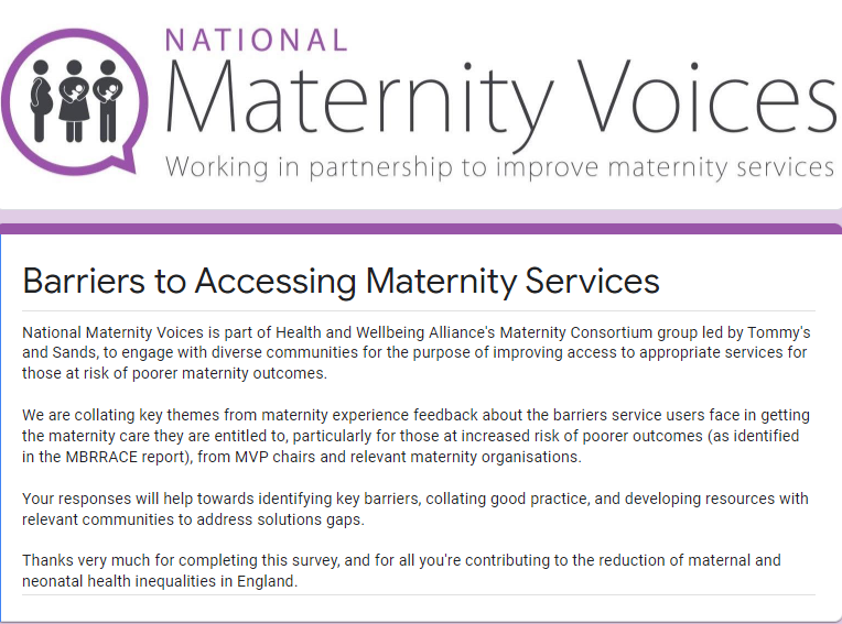 National Maternity Voices (@natmatvoicesorg) on Twitter photo Keen to hear from more MVP chairs & mat orgs🙏🏿
forms.gle/kwqp8PpYXen1qy… CLOSES Mon
<a href="/TheEPT/">The Ectopic Pregnancy Trust</a> <a href="/GBSSupport/">Group B Strep Support</a> <a href="/GenesisTrustUK/">Genesis Research Trust</a> @icpsupport <a href="/KitTarka/">Kit Tarka Foundation</a> <a href="/LullabyTrust/">The Lullaby Trust</a> <a href="/MiscarriageA/">Miscarriage Association</a> <a href="/5PillarsParent/">Approachable Parenting</a> <a href="/NCTcharity/">NCT</a> <a href="/HGSupportUK/">Pregnancy Sickness Support</a> <a href="/Petalscharity/">Petals - The Baby Loss Counselling Charity</a> <a href="/PP_PGP_charity/">Pelvic Partnership #pgpistreatable</a> <a href="/SandsUK/">Sands - baby loss charity 💜🧡</a> <a href="/tommys/">Tommy's</a>
<a href="/TwinsTrust/">Twins Trust</a>
#HWAlliance Keen to hear from more MVP chairs & mat orgs🙏🏿
forms.gle/kwqp8PpYXen1qy… CLOSES Mon
<a href="/TheEPT/">The Ectopic Pregnancy Trust</a> <a href="/GBSSupport/">Group B Strep Support</a> <a href="/GenesisTrustUK/">Genesis Research Trust</a> @icpsupport <a href="/KitTarka/">Kit Tarka Foundation</a> <a href="/LullabyTrust/">The Lullaby Trust</a> <a href="/MiscarriageA/">Miscarriage Association</a> <a href="/5PillarsParent/">Approachable Parenting</a> <a href="/NCTcharity/">NCT</a> <a href="/HGSupportUK/">Pregnancy Sickness Support</a> <a href="/Petalscharity/">Petals - The Baby Loss Counselling Charity</a> <a href="/PP_PGP_charity/">Pelvic Partnership #pgpistreatable</a> <a href="/SandsUK/">Sands - baby loss charity 💜🧡</a> <a href="/tommys/">Tommy's</a>
<a href="/TwinsTrust/">Twins Trust</a>
#HWAlliance