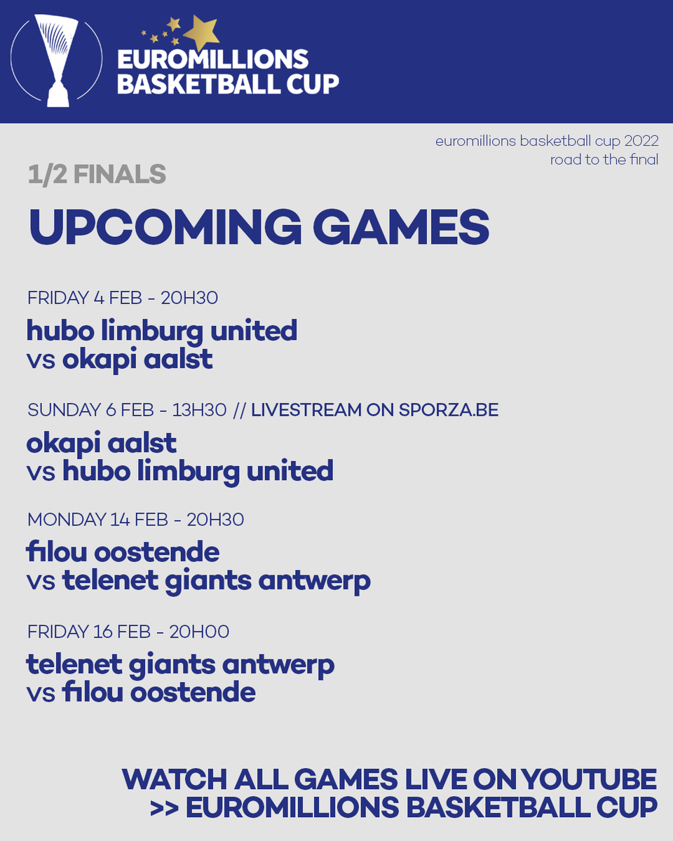 EuroMillions Basketball Cup (@euromillionsbl) on Twitter photo π§πͺπβ’I 's time for our first semifinals match-up between <a href="/LimUtd/">Hubo Limburg United</a> & <a href="/bbcokapiaalstar/">Okapi Aalst</a> tonight!
Tune in tonight via bit.ly/3uDwiXN and on Sunday via Sporza.be livestream! ππ₯
#BasketballBelgium #EuroMillionsCup #BasketballCup π§πͺπβ’I 's time for our first semifinals match-up between <a href="/LimUtd/">Hubo Limburg United</a> & <a href="/bbcokapiaalstar/">Okapi Aalst</a> tonight!
Tune in tonight via bit.ly/3uDwiXN and on Sunday via Sporza.be livestream! ππ₯
#BasketballBelgium #EuroMillionsCup #BasketballCup