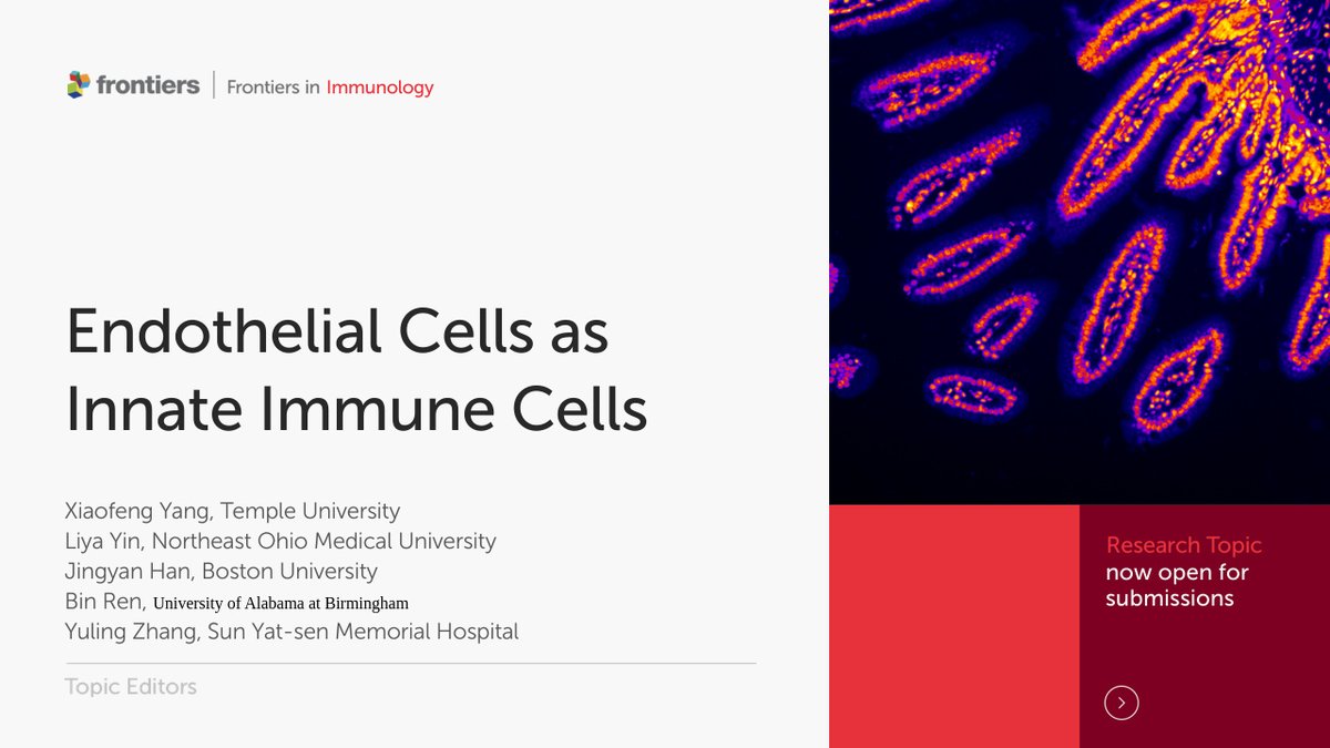 FrontImmunol's tweet photo. #HotResearchTopic 🔥

Don't miss out!

Share your insight on “Endothelial Cells as Innate Immune Cells”!

New article collection lead by Xiaofeng Yang, Liya Yin, Jingyan Han, Bin Ren, and Yuling Zhang

Click here for details 👉 https://t.co/FeDkXG5xaJ

#immunology #innateimmunity https://t.co/Vw9AoIxQVX