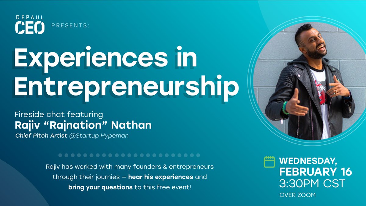 ceo_depaul's tweet photo. 📣 𝐂𝐚𝐥𝐥𝐢𝐧𝐠 𝐚𝐥𝐥 𝐃𝐞𝐏𝐚𝐮𝐥 𝐞𝐧𝐭𝐫𝐞𝐩𝐫𝐞𝐧𝐞𝐮𝐫𝐬! 📣

Founders need to stand out – from their message to unique story.

Join us on Wednesday February 16th as we host a Fireside Chat with Rajiv Nathan of @StartupHypeman! 

REGISTER 👉 https://t.co/qZf4iVDwh1 https://t.co/BJwRP15OzM