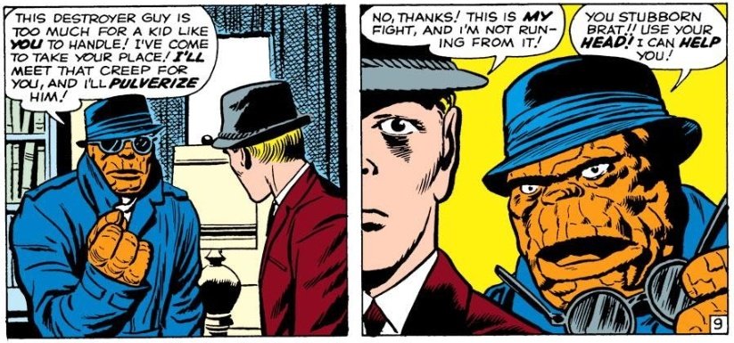 Cronicas_Marvel's tweet photo. Para el tramo final, el Destructor empieza a estar un poco hasta las narices. Su nota cita directamente a la Antorcha en una cabaña.

Antes de la acción tenemos un cameo de la Cosa, como en las sitcom pero sin aplausos.

Ben ofrece su ayuda, pero Johnny pasa de él #ST101 https://t.co/BJRDUvLQyt