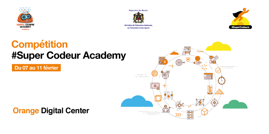 OrangeMaroc's tweet photo. Orange Digital Center organise en collaboration avec @MarocEducation &amp; @Happy_Coders, la 1ʳᵉ édition de la compétition nationale #SuperCodeurAcademy qui regroupera des jeunes talents des différentes régions du 🇲🇦 du 7 au 11 février. Stay tuned! 
@ilhamlaaziz @amuleta #TAALIMTICE https://t.co/snCKNHcjfG