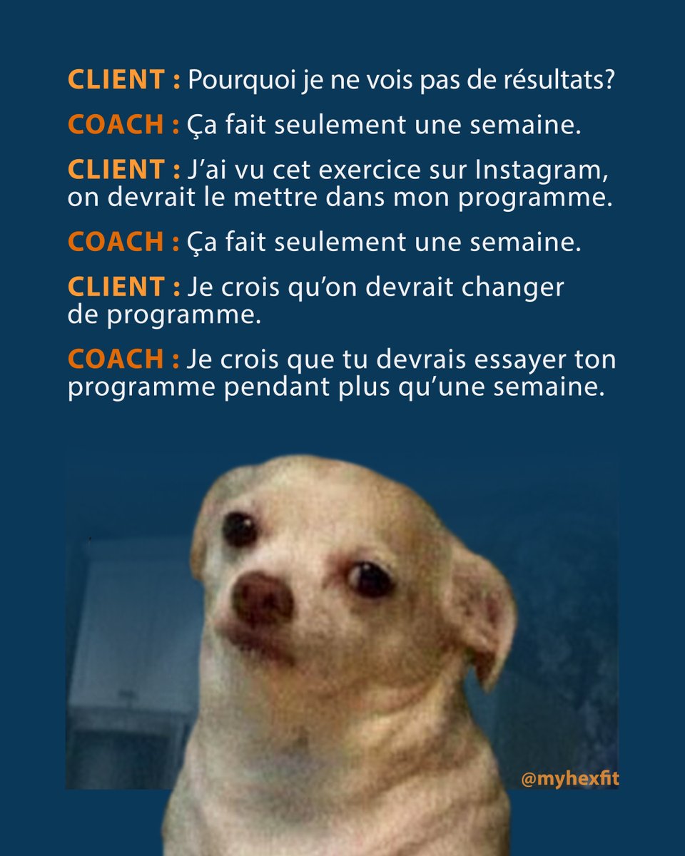 As-tu déjà été dans cette situation? 😂

#Hexfit #Coachsportif #Gym #Fitness #Entraineur #Preparateurphysique #Kinesiologue #meme #physiotherapie #formephysique #entrainement