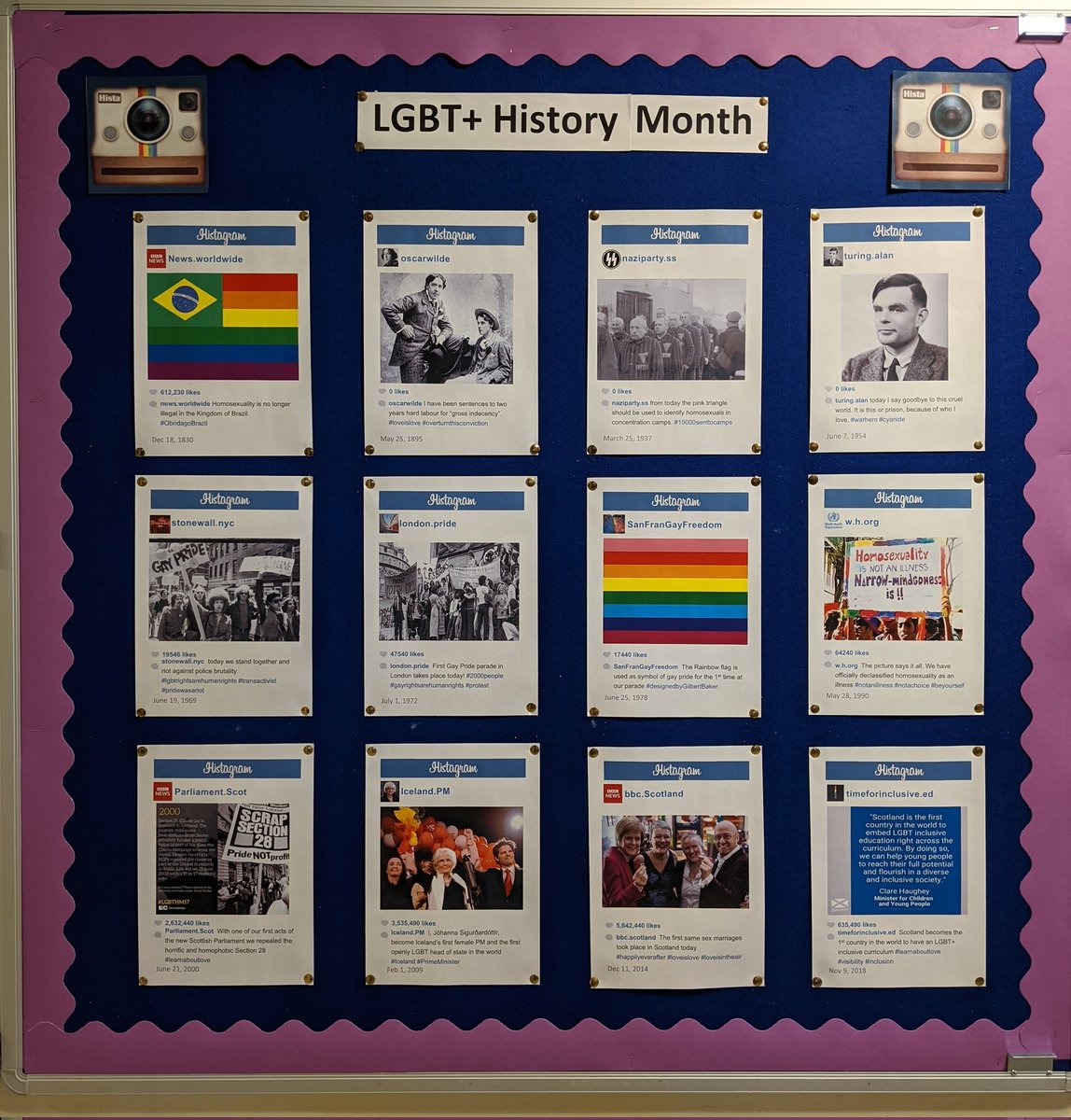 New Histagram is up! February is #LGBTHistoryMonth and our board includes the #stonewallriots, the 1st LGBT+ head of state and the passing of LGBT inclusive education in Scotland #history #LGBTHM #inclusion