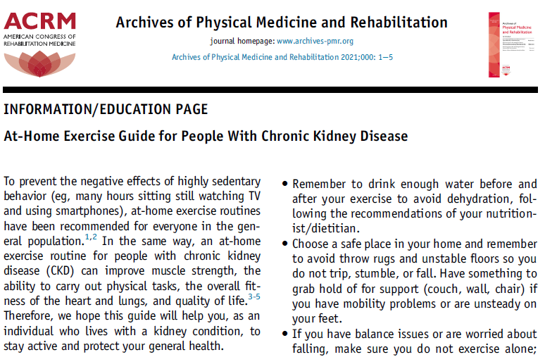 📢 New publication from our clinical routine project with #CKD patients. In this guide, we described an at-home #exercise routine developed during the pandemic for people on #hemodialysis.

💪 We hope it to be useful for people living with #CKD.

➡️ sciencedirect.com/science/articl…