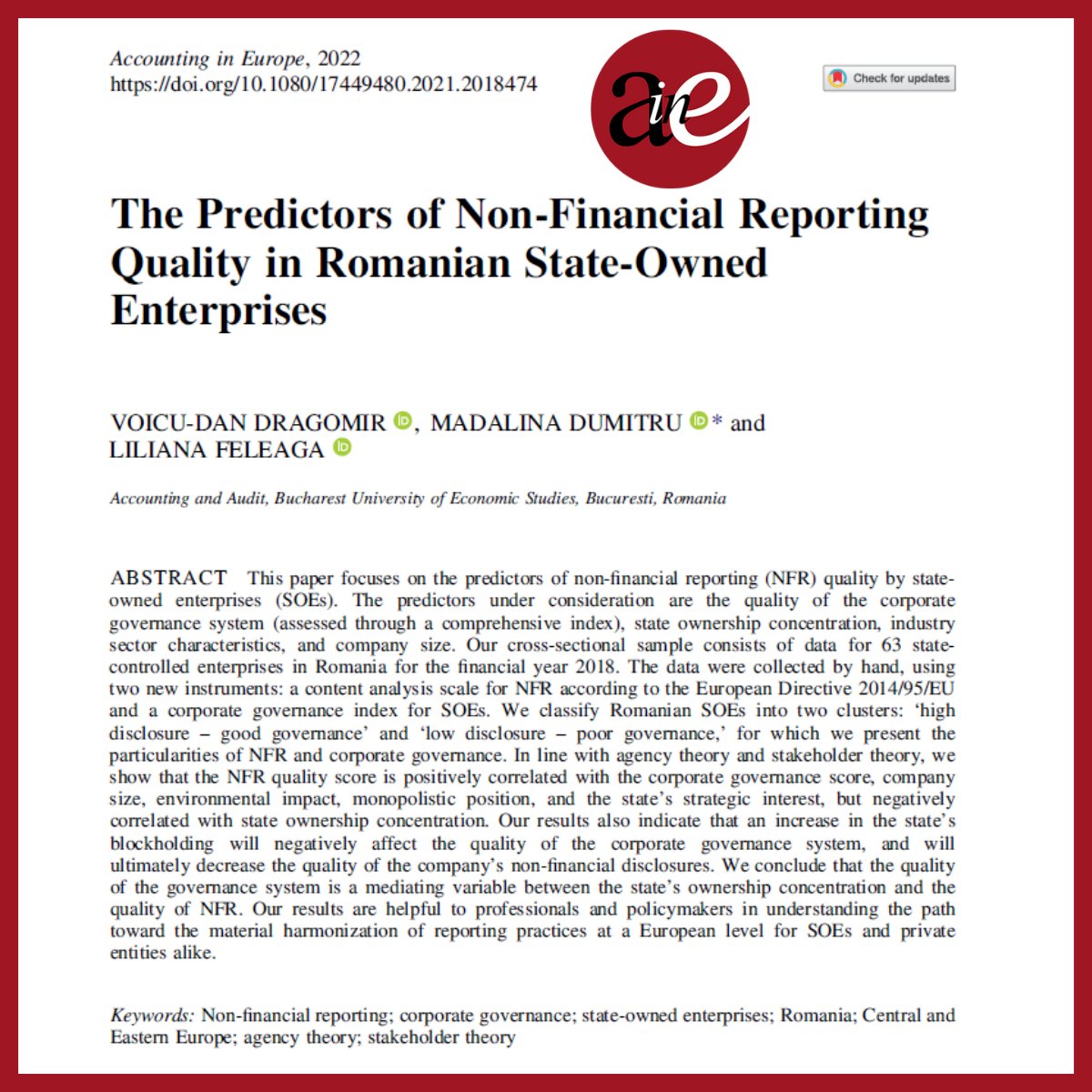 AIE_Journal_EAA's tweet photo. HOT OFF THE PRESS - New paper available online!
The Predictors of #NonFinancial #ReportingQuality in Romanian #StateOwnedEnterprises by Voicu Dragomir, Madalina Dumitru, and Liliana Feleaga (The Bucharest University of Economic Studies)
https://t.co/iWrvpMyviy
@EAA_ARC #aie https://t.co/gjXFKqm9ze