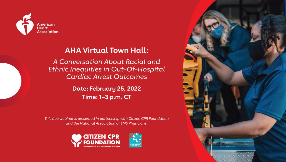 citizencprf's tweet photo. Join CCPRF as we co-host the AHA virtual town hall 2/25 that will address inequities in out-of-hospital cardiac arrest outcomes. Register and learn more!
Register Now!
https://t.co/kXcHw58mvw
#CPR #EMS #EMT #CCPRF #HeartMonth @HeartCPR @NAEMSP https://t.co/nVCRECVDxz