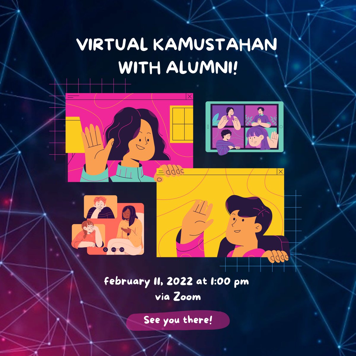 CSS_USeP's tweet photo. [𝐀𝐍𝐍𝐎𝐔𝐍𝐂𝐄𝐌𝐄𝐍𝐓]

To our dearest CSS alumni/alumnae and undergraduate members, we invite you to our upcoming "Virtual Kamustahan with Alumni" event this coming February 11, 2022, via Zoom at 1:00 pm. https://t.co/1Lvxn7s3f2