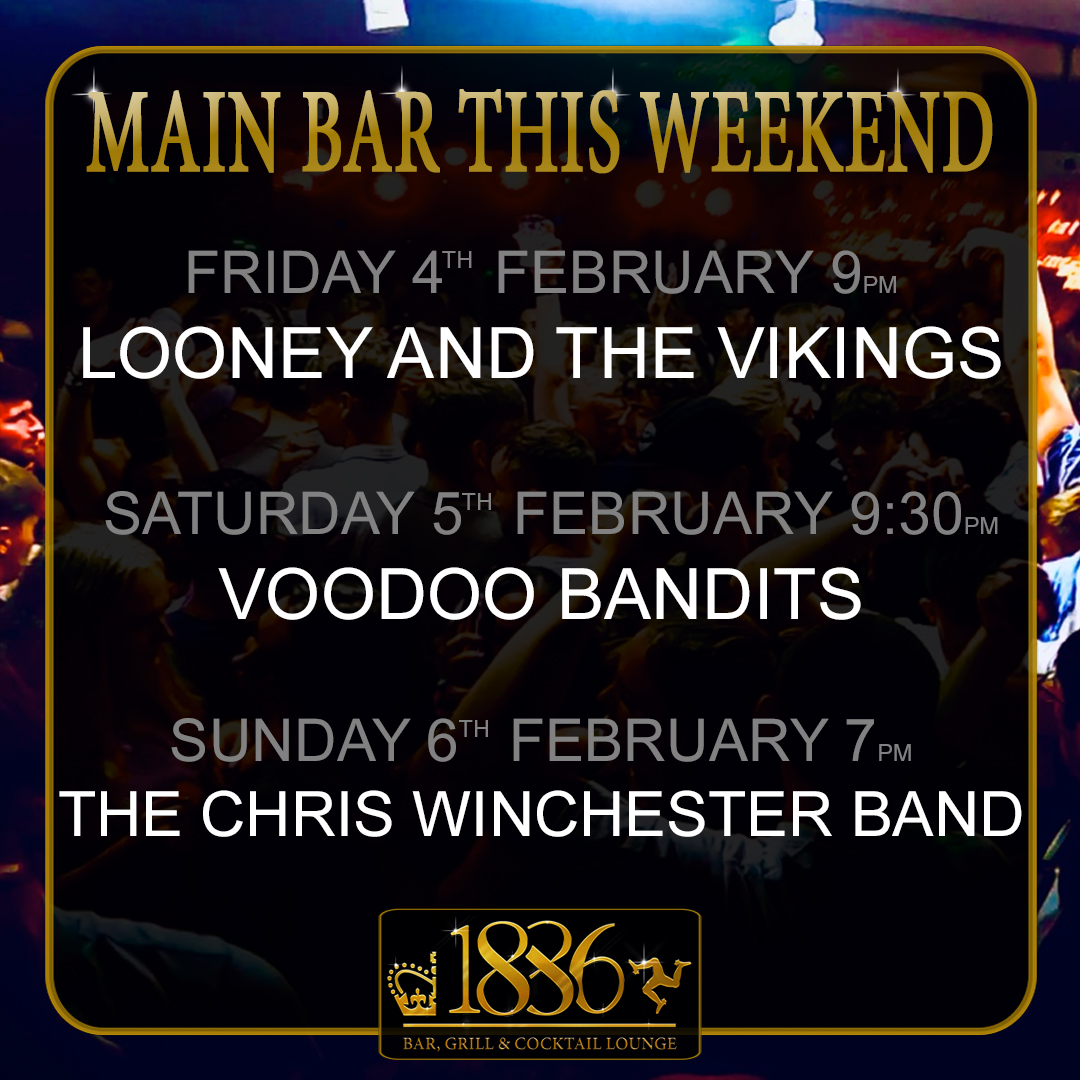 1886Bars's tweet photo. This Weekend’s Main Bar Line Up
Friday - Looney and the Vikings
Saturday - Voodoo Bandits
Sunday - The Chris Winchester Band
#1886bars #bar #grill #cocktaillounge #1stfloor #restaurant #tannersloft #functionroom #iom #isleofman #livesport #livemusic #liveentertainment #bands https://t.co/737dxzBPTT