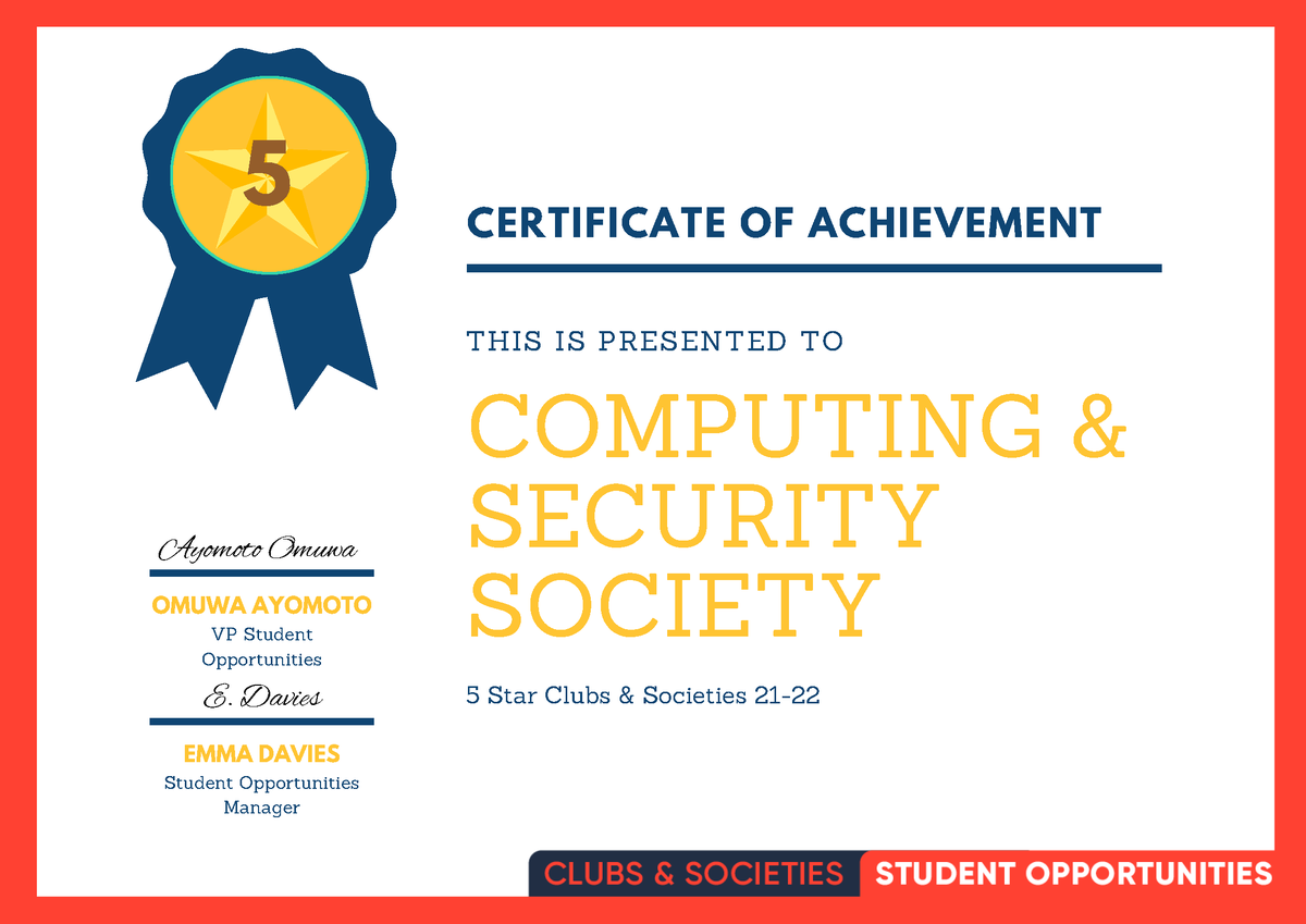 We're happy to announce that BUCSS is a 5 ⭐ society, meaning we have gone above and beyond to create an accessible, collaborative and engaging community for our members! 🥳