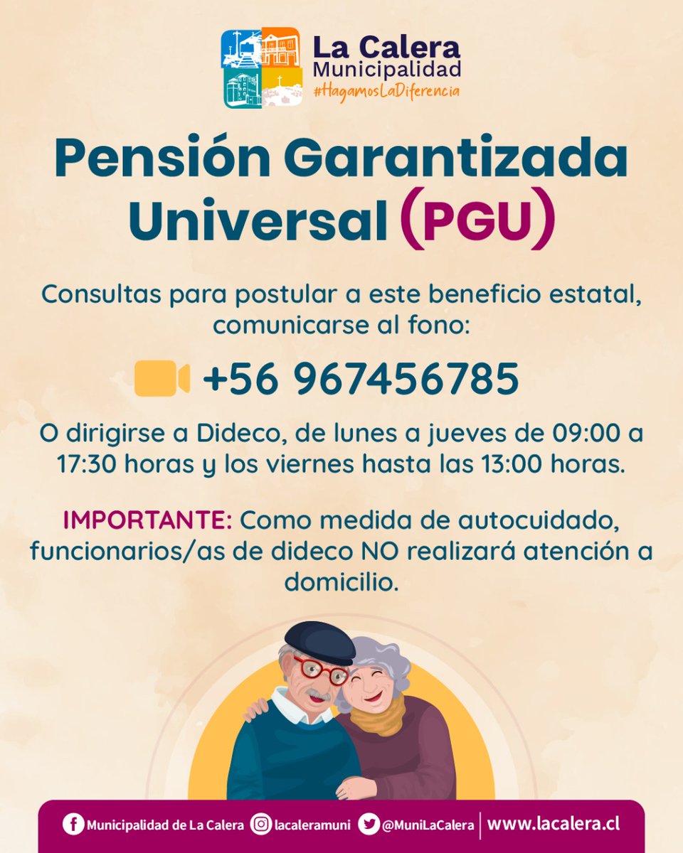 💰Comienzan las postulaciones a la Pensión Garantizada Universal.

⚠️ Importante: Los funcionarios de DIDECO NO realizan este tipo de acompañamiento a las personas mayores a domicilio. EVITE POSIBLES ESTAFAS.

#HagamosLaDiferencia 🧡
