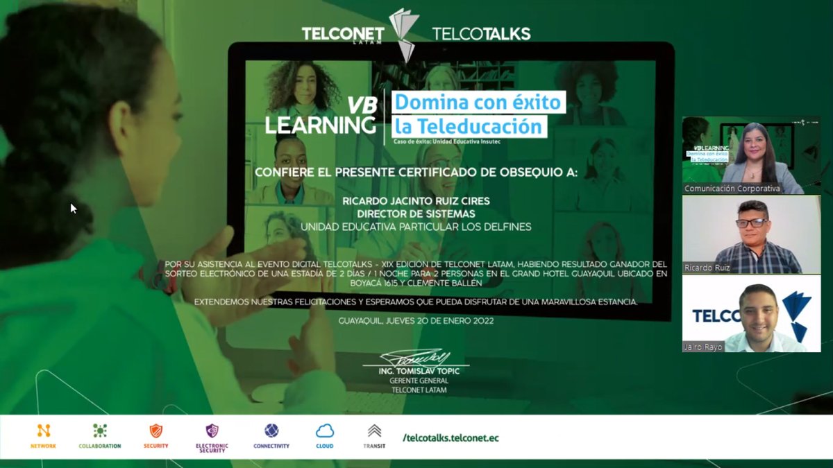 TelconetLatam's tweet photo. Agradecemos a nuestro cliente Unidad Educativa Particular Los Delfines por acompañarnos en la Edición # 19 de TelcoTalks; un espacio virtual de webinars mensuales creados especialmente para nuestros clientes. #TelcoTalks #VBLearning 
Mira el video aquí: https://t.co/q6HpWp3KMH https://t.co/ZdlT1MUnFE