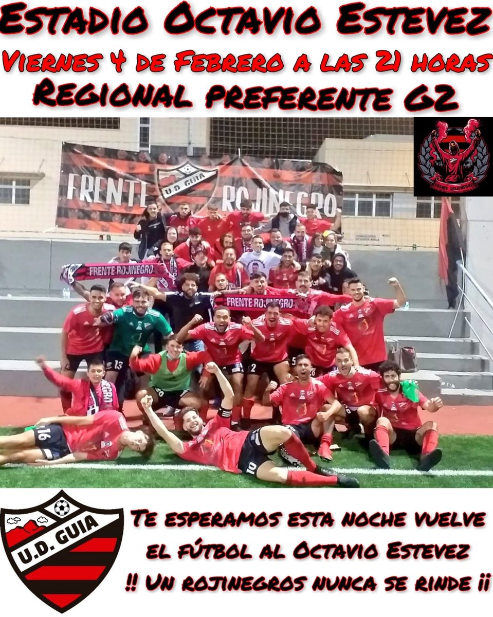 🏟️¡Dos meses después volvemos a jugar en casa! 

Te esperamos esta noche en el Octavio Estévez 
<a href="/udguia/">Unión Deportiva Guía</a> 🆚 <a href="/CDLomoBlanco/">CD Lomo Blanco SJA</a> 

#SomosRojinegros🔴⚫️ <a href="/RojinegroFrente/">Frente Rojinegro</a>