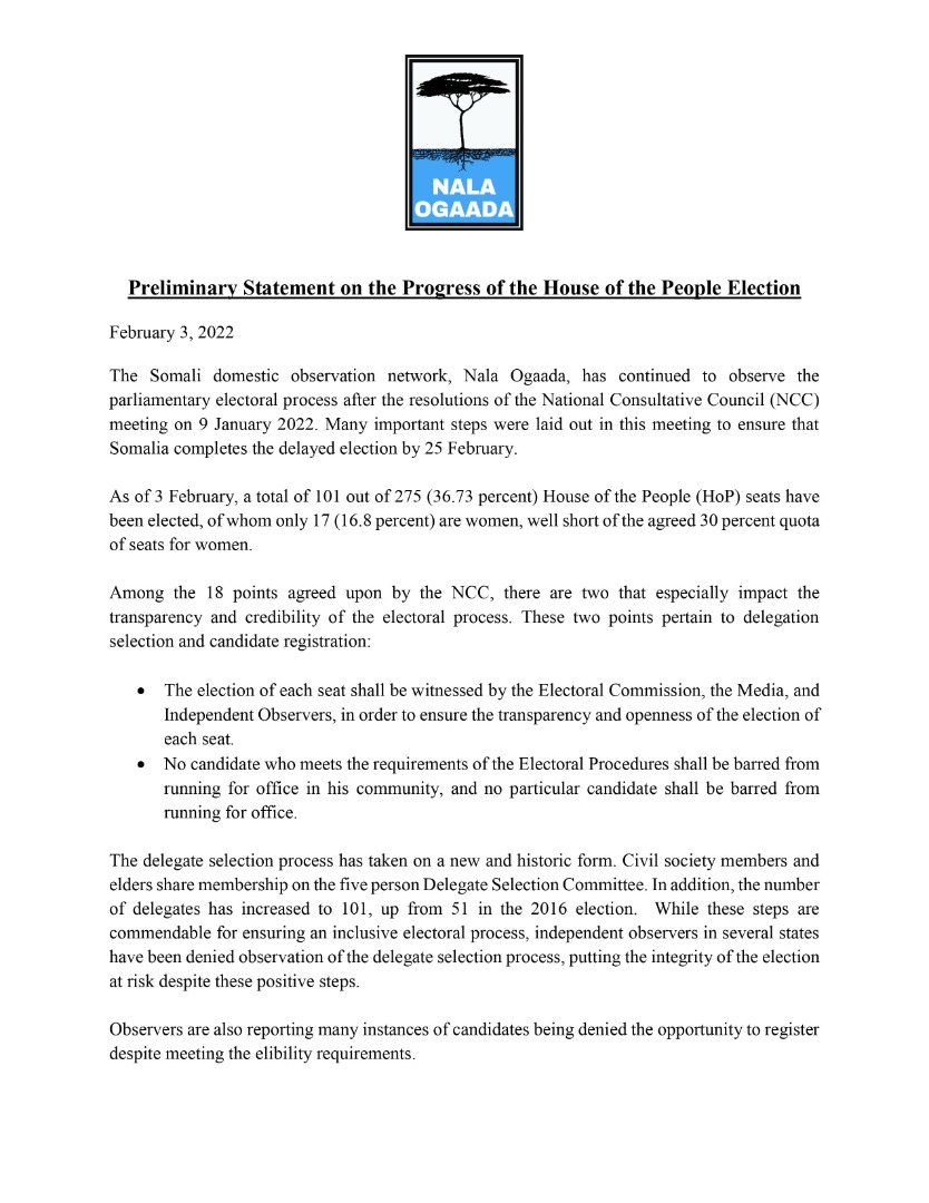 nalaogaada's tweet photo. The transparency of delegate selection &amp; registration of candidates are still in doubt after the Jan 9, 2022 agreement. Nala Ogaada, which has been closely observing the election process, issues a statement highlighting key data collected from polling stations after Jan 9, 2022. https://t.co/m6okDn8Rzg