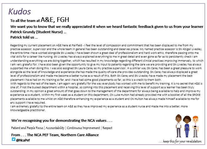 NcaPef's tweet photo. Kudos to the BCO A&E Team for the fantastic feedback received from one of their Learners, Patrick Grundy (Student Nurse) ... your Kudos Certificate is on its way to you @BuryCO_NHS @tyroneroberts2 @NCAlliance_NHS @NcaPef @Deli_1102 @CarolgennerCaz https://t.co/YsmDYQwdmQ