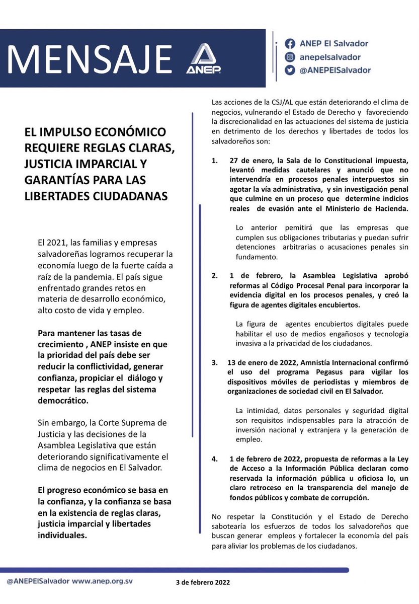 #MensajeANEP 

Para avanzar en la recuperación económica debe reducirse la conflictividad, generar confianza, propiciar diálogo y respetar las reglas del sistema democrático.

Las familias y las empresas están esforzándose para lograrlo. Requerimos clima que  propicie desarrollo.