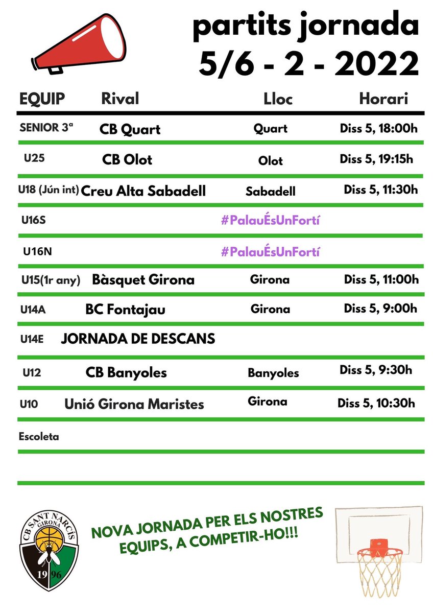 Calendari de partits #CBSN d’aquest cap de setmana‼️ 

➡️ U25 visita Olot per seguir en la bona dinàmica de l’últim partit

➡️ U18 Interterritorial, a Sabadell per mantenir les bones sensacions 

➡️ U15 encara els últims partits de la 1a fase.