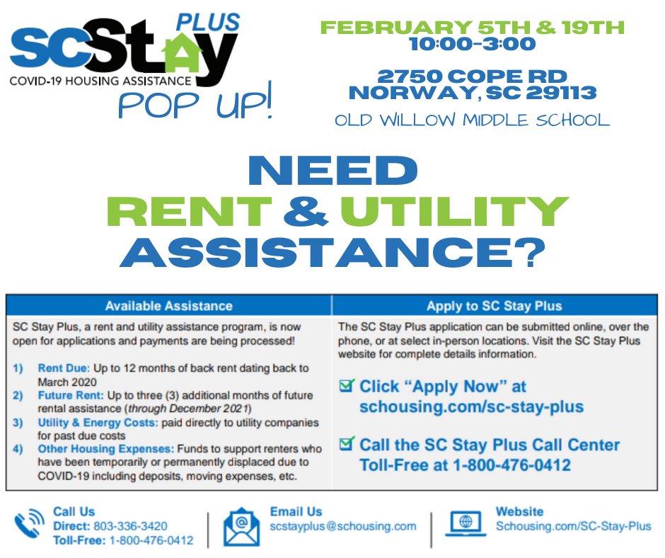 kaytee_watson's tweet image. Do you rent a home in or around Norway, S.C.? Are you struggling to pay your rent and utilities? @domenergysc's customer assistance team will be at tomorrow's @SCStateHousing  #SCStayPlus pop-up event at Old Willow Middle School.