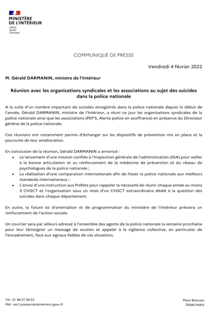 A la suite d’un nombre important de suicides enregistrés dans la <a href="/PoliceNationale/">Police nationale</a> depuis le début de l’année, j’ai réuni ce jour les organisations syndicales de la police nationale ainsi que les associations.
👇