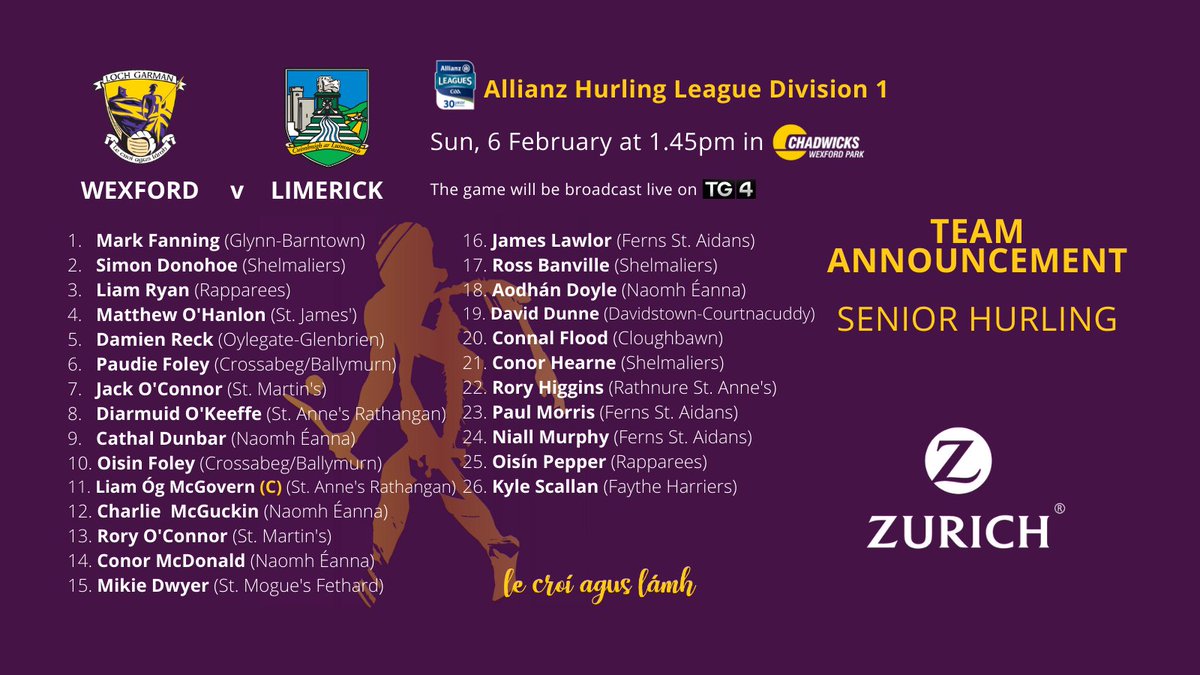 Wexford GAA (@officialwexgaa) on Twitter photo The Wexford senior hurling team, proudly supported by <a href="/Zurich_Irl/">Zurich Ireland🇮🇪</a>, has been announced for tomorrow's league tie against <a href="/LimerickCLG/">Limerick GAA</a> in <a href="/ChadwicksIE/">CHADWICKS</a> Wexford Park at 1.45 p.m. Tickets available at gaa.ie/tickets and selected SuperValu and Centra stores The Wexford senior hurling team, proudly supported by <a href="/Zurich_Irl/">Zurich Ireland🇮🇪</a>, has been announced for tomorrow's league tie against <a href="/LimerickCLG/">Limerick GAA</a> in <a href="/ChadwicksIE/">CHADWICKS</a> Wexford Park at 1.45 p.m. Tickets available at gaa.ie/tickets and selected SuperValu and Centra stores