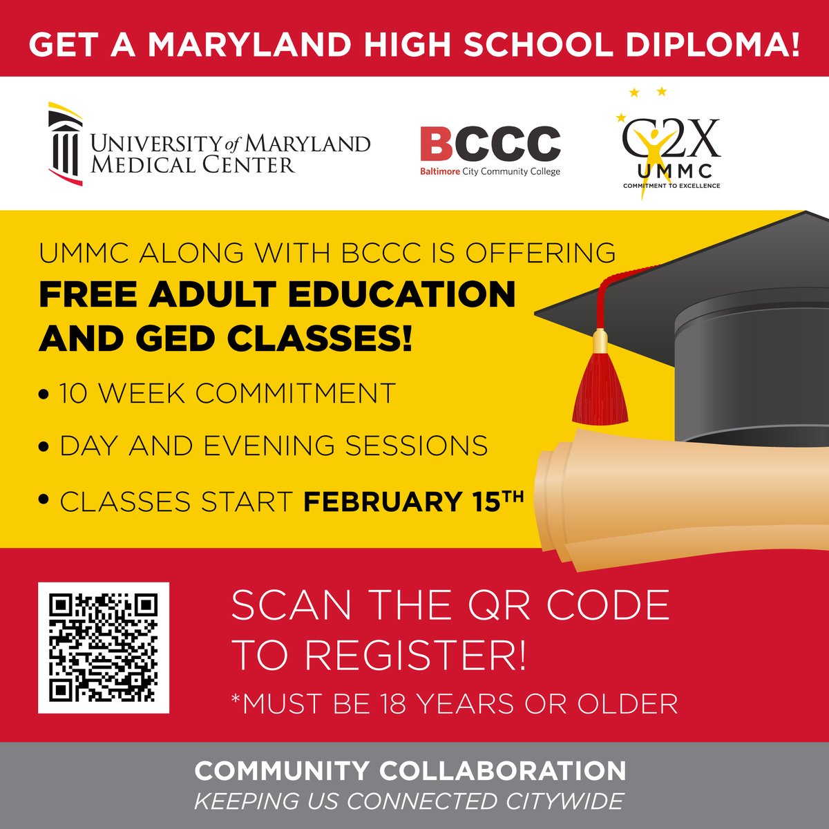 bmorehabc's tweet photo. Are you looking to get your High School Diploma? UMMC and BCCC have partnered together to offer FREE Adult Education/ GED Classes! Classes begin on February 15th, so don't wait! Scan the QR code to register TODAY! #baltimore #bmore #mybmore #freeclasses https://t.co/TyRtEJFDlg
