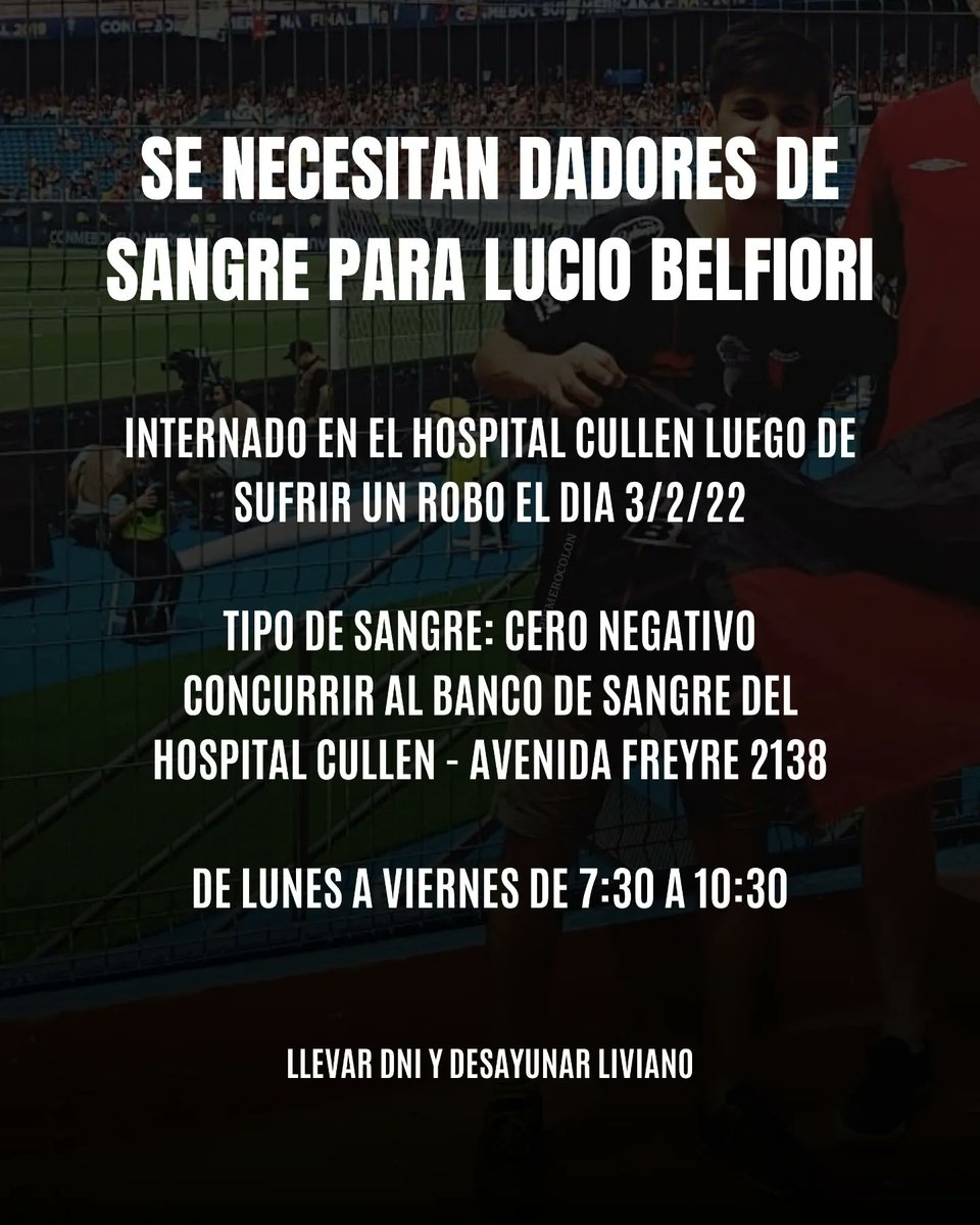 PrimeroColon's tweet photo. ¡AYUDEMOS A LUCIO!❤️🖤

Es un joven hincha de Colón que fue baleado en el cuello durante un robo la noche de ayer.

Se encuentra internado en el Hospital Cullen y sus familiares, allegados y amigos están organizando una colecta de sangre para asistirlo.👇🏽 https://t.co/ivl5zvfyeZ