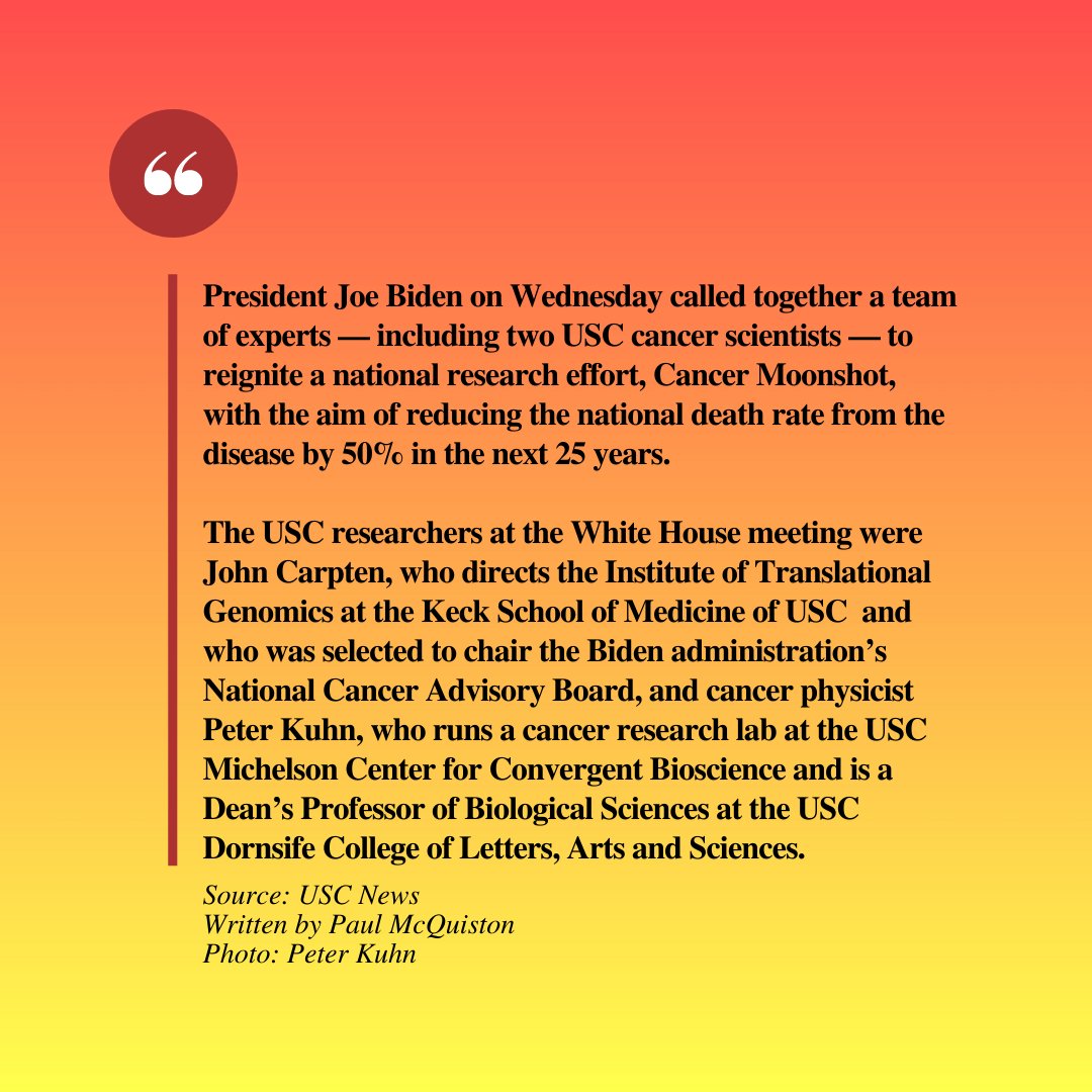 We would like to congratulate Dr. Kuhn and Dr. Carpten for this extraordinary achievement! They will be working on Biden's Cancer Moonshot initiative which aims 'to accelerate scientific discovery in cancer, foster greater collaboration, and improve the sharing of data.'