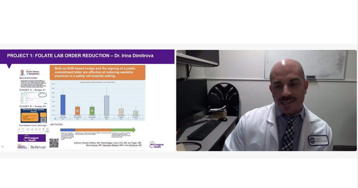 Incredibly proud of <a href="/IanFaganMD/">Ian Fagan</a> who's built a fantastic team <a href="/BellevueHosp/">NYC Health + Hospitals/Bellevue</a> improving Value and #ChoosingWisely in the safety net setting, speaking at NYU's hospitalist virtual conference.  A model for all safety net hospitals to follow.  #ValueAndSafety