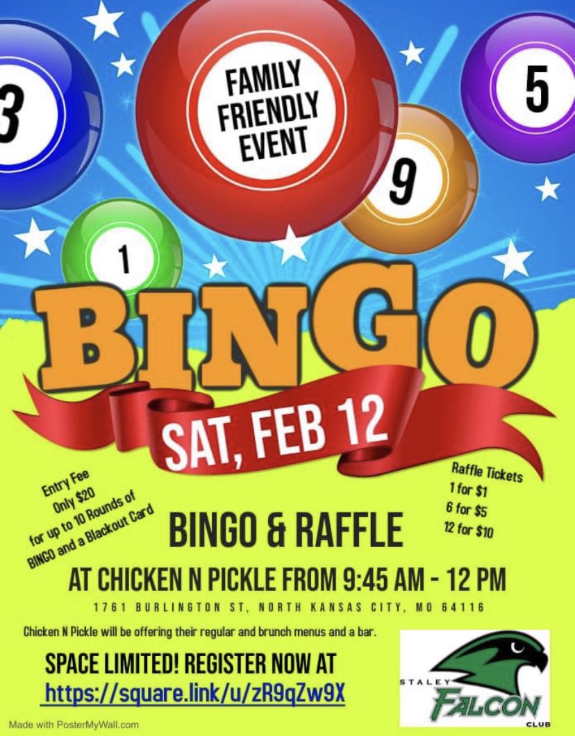 Brian Mercer (@brianmercernkc) on Twitter photo Looking for a family friendly fundraising event for a great cause? The <a href="/NKCSchools/">NKC Schools</a> <a href="/SHSFalcons/">Staley High School</a> <a href="/SHSFalconClub/">Staley Falcon Club</a> Bingo & Raffle is next Saturday, February 12th, 945am-12pm at <a href="/ChickenNPickle/">Chicken N Pickle®</a> in <a href="/cityofnkc/">North Kansas City</a>! $20 entry fee for up to 10 rounds of bingo ⬇️
checkout.square.site/buy/HP2DDJO5XY… Looking for a family friendly fundraising event for a great cause? The <a href="/NKCSchools/">NKC Schools</a> <a href="/SHSFalcons/">Staley High School</a> <a href="/SHSFalconClub/">Staley Falcon Club</a> Bingo & Raffle is next Saturday, February 12th, 945am-12pm at <a href="/ChickenNPickle/">Chicken N Pickle®</a> in <a href="/cityofnkc/">North Kansas City</a>! $20 entry fee for up to 10 rounds of bingo ⬇️
checkout.square.site/buy/HP2DDJO5XY…